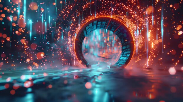Sci fi HD wallpaper with a portal opening to another dimension with swirling energy.