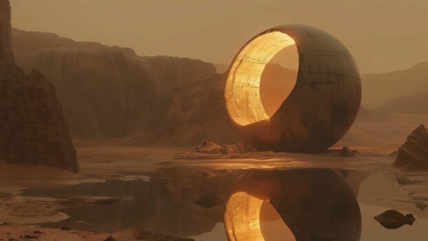 Sci fi background with a mysterious alien artifact emitting a strange glow in a desert.