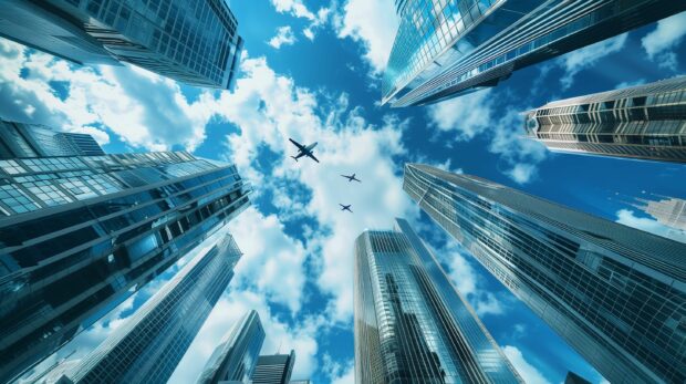 Sci fi wallpaper HD with a futuristic cityscape with towering skyscrapers and flying cars.