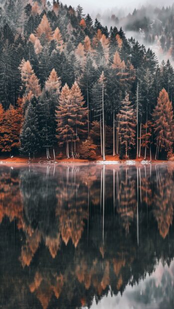 Serene lake surrounded by vibrant autumn foliage, mirror like reflections, Aesthetic Nature Mobile Background.