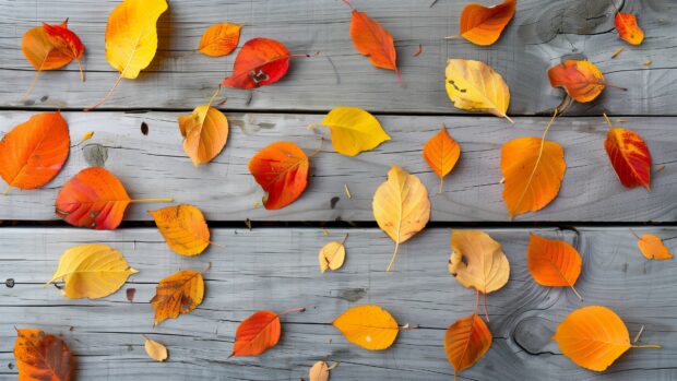 Simple arrangement of autumn leaves on a wooden table.