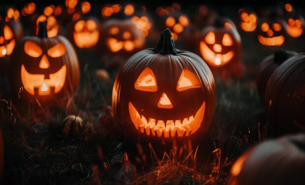 Sinister Halloween Pumpkin patch with carved jack o lanterns.