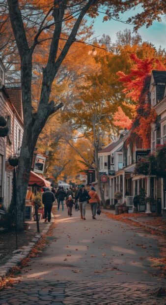 Small town in autumn, streets lined with trees in full fall colors, quaint shops and cafes, people wearing cozy clothes, warm and inviting, aesthetic vibes.