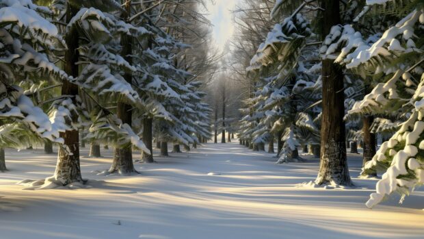 Snowy forest with tall pine trees, soft light, peaceful winter scene, Nature desktop Wallpaper HD.