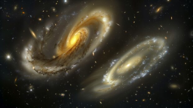 Space 2K desktop background with A cosmic collision between two galaxies, with stars and gas clouds interacting in a dynamic scene.