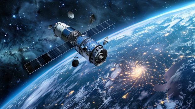 Space 4K background features a serene image of the Hubble Space Telescope orbiting Earth, capturing the beauty and vastness of space.
