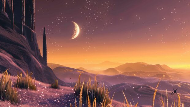 Space 4K background features a stunning view of an alien world with bioluminescent plants and a starry sky in the background.