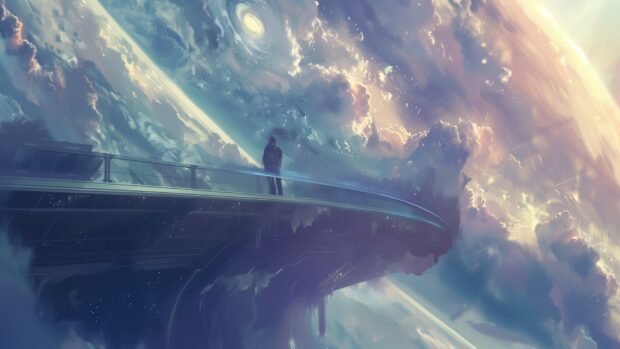 Space Anime desktop wallpaper with an anime hero standing on a futuristic spaceship bridge, looking out at a breathtaking view of the galaxy.