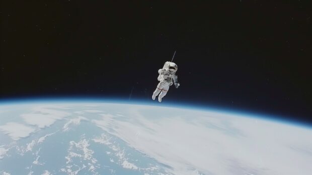 Space Desktop Wallpaper HD with An astronaut floating in space with the Earth in the background, capturing the vastness of space.