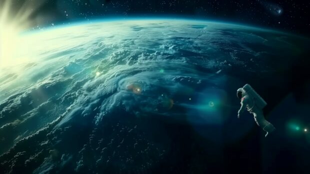 Space Desktop Wallpaper with An astronaut floating in space with the Earth in the background, capturing the vastness of space.