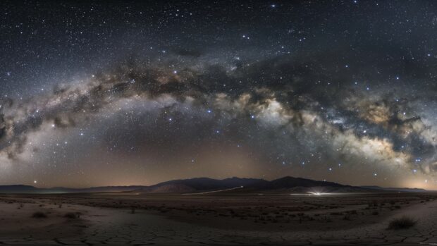 Space Wallpaper HD 2K with a breathtaking view of the Milky Way galaxy from a dark desert landscape, stars shining brightly.