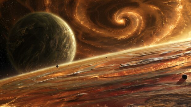 Space Wallpaper HD with A distant view of a massive gas giant with swirling storms and multiple moons.