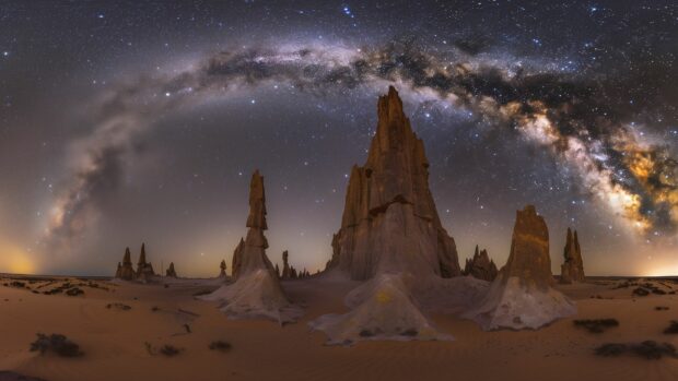 Space Wallpapers 1920×1080 with a breathtaking Milky Way galaxy wallpaper from a dark desert landscape, stars shining brightly.