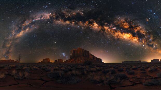 Space background 4K with a breathtaking view of the Milky Way galaxy from a dark desert landscape, stars shining brightly.