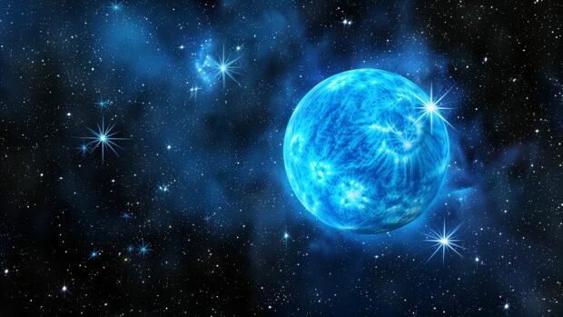 Space background 4K with a detailed depiction of a blue supergiant star, radiating intense light and surrounded by distant galaxies.