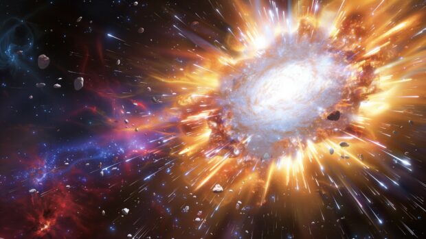 Space background with An illustration of the Big Bang desktop wallpaper with intense light and energy radiating outward.
