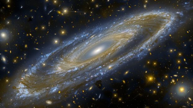 Space desktop 1080p background with A view of the Andromeda galaxy with detailed spiral arms and glowing core wallpaper.