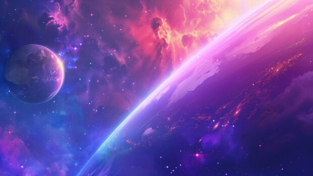 Space desktop background with A serene distant planet orbiting a binary star system wallpaper, with colorful skies.