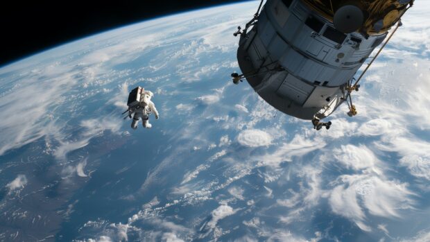 Space desktop wallpaper with An astronaut floating in space wallpaper with Earth in the background, capturing the vastness of space.