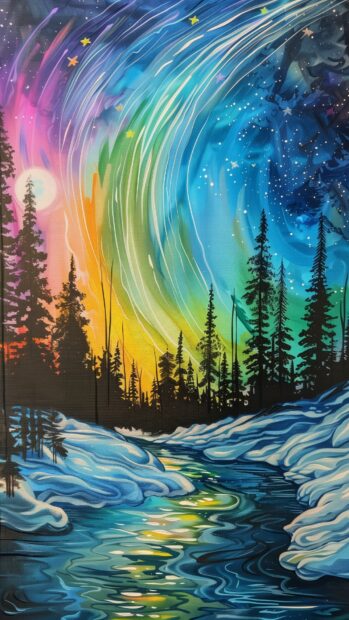 Space mobile wallpaper with a vibrant depiction of the Northern Lights dancing over a snowy landscape.