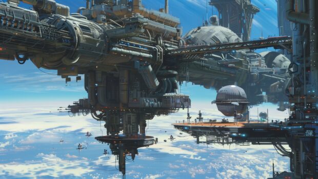 Spaceship docking at a massive space station, with Earth visible in the background and a bustling activity around the station.