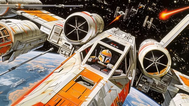 Star Wars 4K desktop wallpaper with a close up view of an X Wing cockpit, with the pilot preparing for battle and the stars and enemy ships visible through the window.