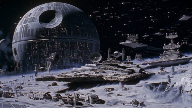 Star Wars 4K wallpaper HD with a breathtaking view of the Death Star orbiting a distant planet, with a fleet of Star Destroyers nearby and stars filling the sky.