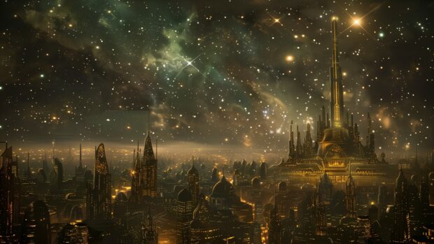 Star Wars HD desktop wallpaper with an artistic rendering of the Jedi Temple on Coruscant, with the city planet’s lights and skyscrapers against a star filled sky.