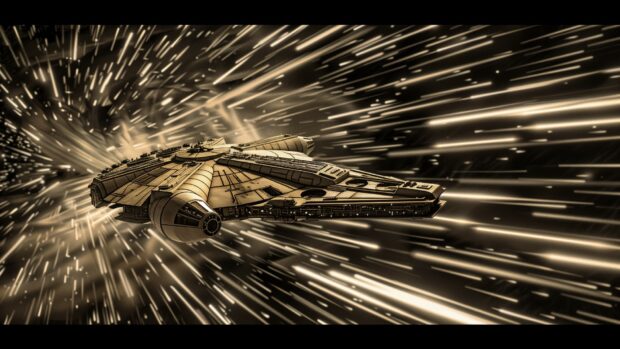 Star Wars Space HD wallpaper with The iconic scene of the Millennium Falcon jumping to hyperspace, with stars stretching into lines and a sense of incredible speed.