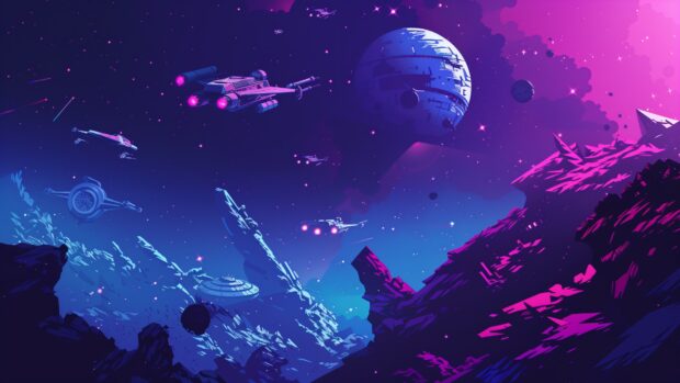 Star Wars Space background for desktop with a vibrant of the Rebel fleet preparing for battle, with various ships including X Wings, A Wings, and the Millennium Falcon.