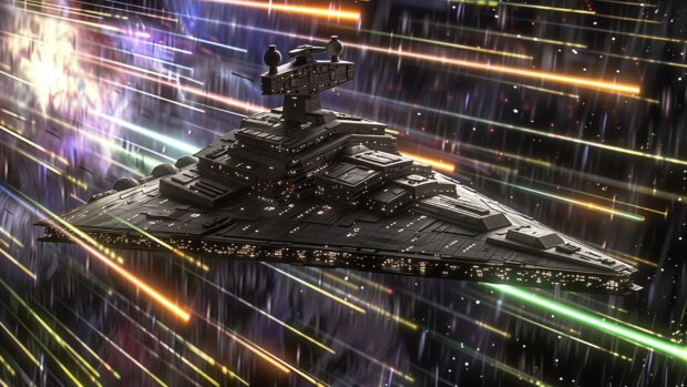 Star Wars Space desktop HD background with An epic scene of a Star Destroyer emerging from hyperspace, with stars and the colorful trails of its jump in the background.
