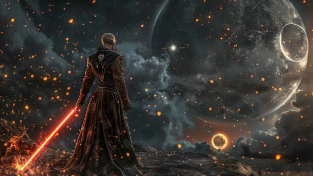 Star Wars Space desktop background with an epic duel between a Jedi and a Sith on a distant moon, with lightsabers clashing and stars in the background.