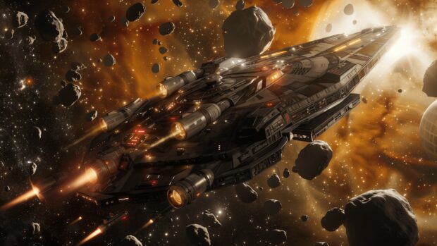 Star Wars Space wallpaper 2K  with The Millennium Falcon flying through an asteroid field, dodging large rocks with stars and distant planets in the background.