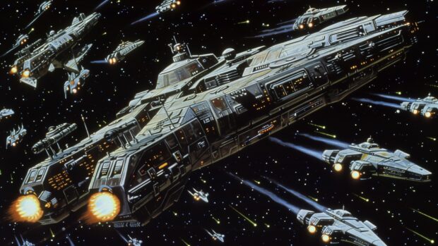 Star Wars Space wallpaper for PC with a stunning space scene featuring a fleet of Mon Calamari cruisers and Nebulon B frigates in formation, ready for battle against the Empire.