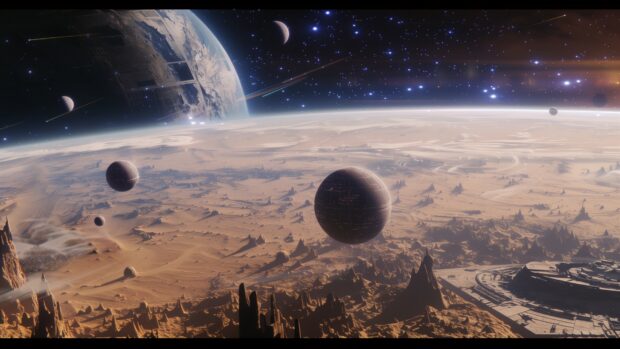 Star Wars Space wallpaper for Windows with a stunning view of the Star Wars galaxy from space, showing multiple planets, stars, and distant nebulae with intricate details.