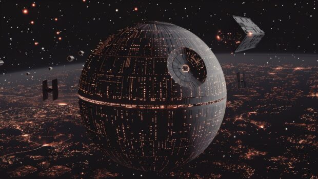 Star Wars desktop space background with a breathtaking view of the Death Star orbiting a distant planet, with a fleet of Star Destroyers nearby and stars filling the sky.