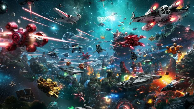 Star Wars space 4K background with The Rebel fleet preparing for battle, with various ships including X Wings, A Wings, and the Millennium Falcon.