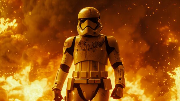 Stormtrooper in silhouette against a burning sky, 4K wallpaper.