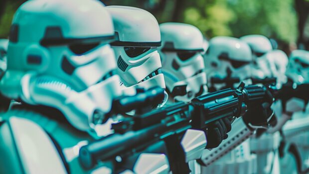 Stormtrooper patrol in an urban dystopian setting.