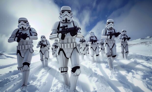 Stormtrooper squad marching through a snowy landscape, Free Star Wars Wallpaper HD.