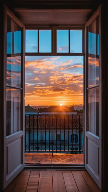 Sunset view from a cozy balcony, the sky painted in warm colors, Cute Wallpaper HD.
