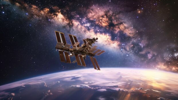 The International Space Station against the backdrop of the Milky Way galaxy, showcasing the vastness of space HD wallpaper.