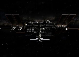 The International Space Station from a low angle, emphasizing its size and structure with a dark space background.