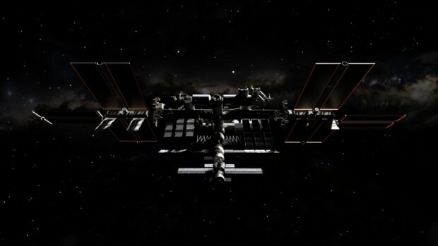 The International Space Station from a low angle, emphasizing its size and structure with a dark space background.
