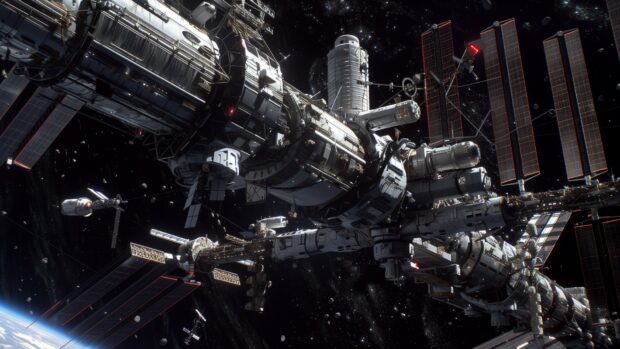 The International Space Station from a low angle, emphasizing its size and structure with a dark space background HD.