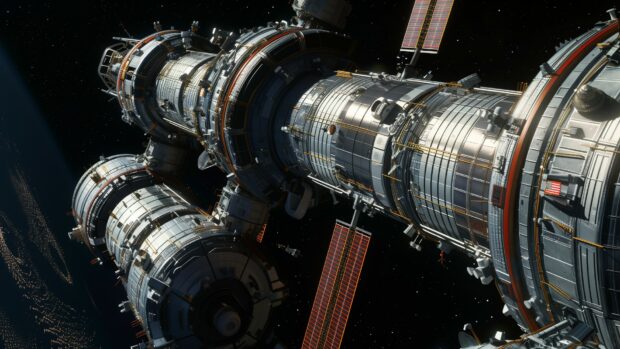 The International Space Station from a low angle, emphasizing its size and structure with a dark space desktop background.