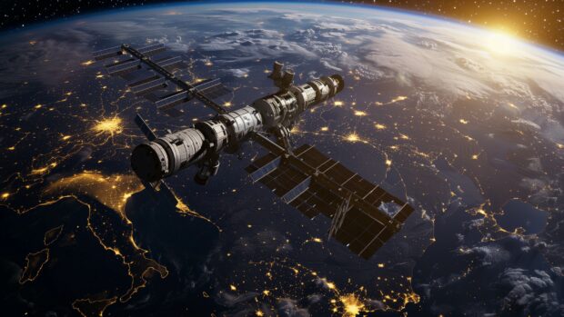 The International Space Station passing over a vibrant, colorful Earth, with city lights visible on the dark side.