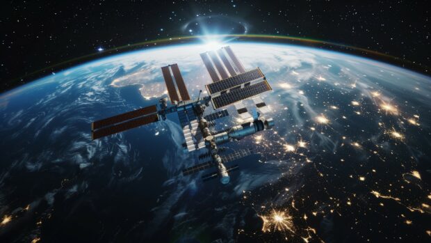 The International Space Station passing over a vibrant with city lights visible on the dark side.