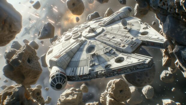 The Millennium Falcon flying through an asteroid field, dodging large rocks with stars and distant planets in the background.