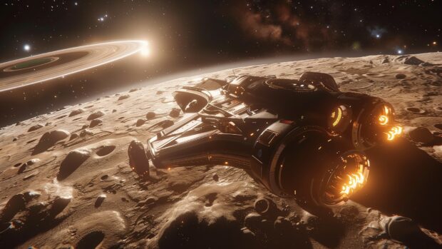 The spaceship landing on a distant, barren moon, with the ship's lights illuminating the rocky terrain and a galaxy filled sky above.